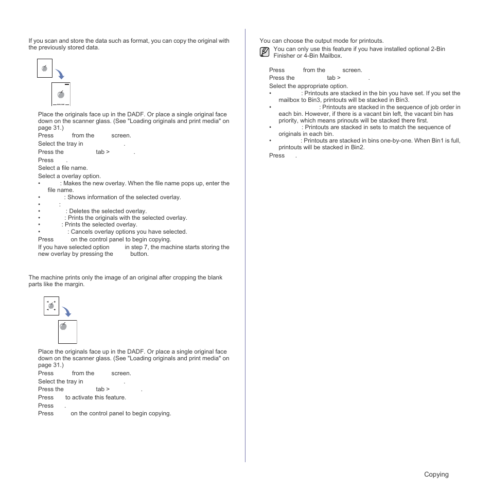 Overlay copying, Auto crop copying, Multi-bin | Samsung SCX-6555N Series User Manual | Page 47 / 186