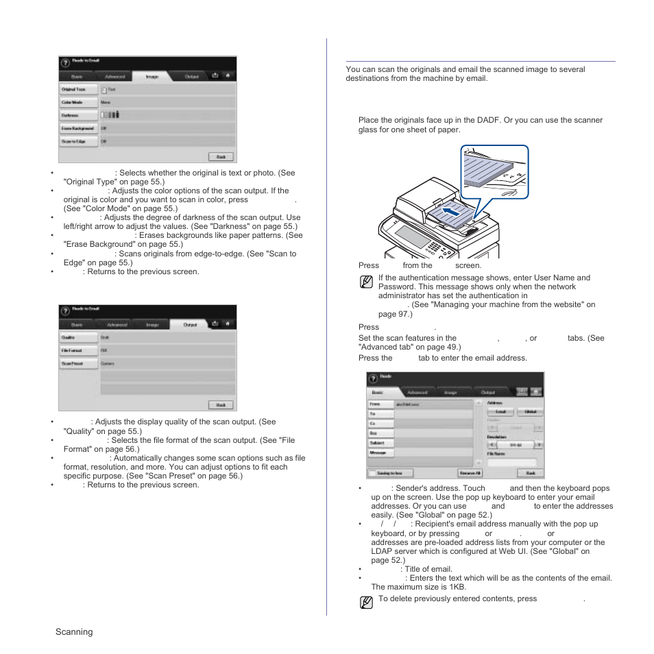 Image tab, Output tab, Scanning originals and sending through email (scan | See "scanning originals and sending through | Samsung SCX-6555N Series User Manual | Page 50 / 186