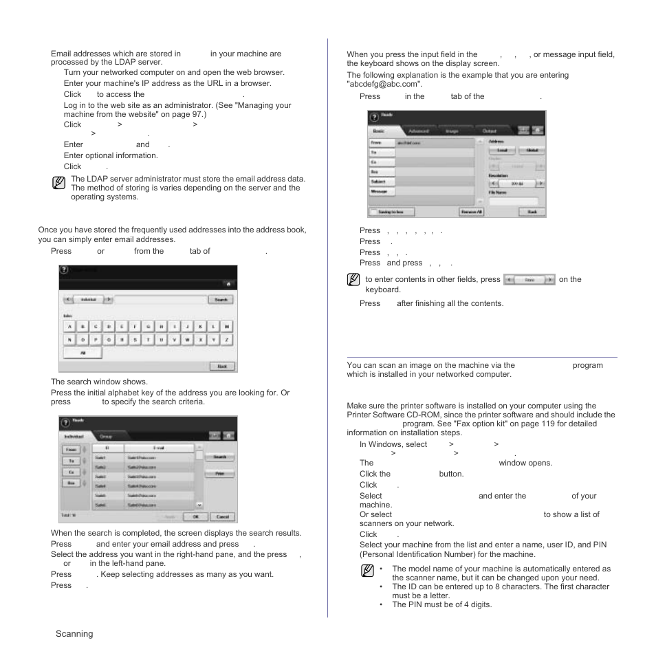 Entering email addresses by the address book, Entering email addresses by the keyboard, Preparation for network scanning | Scanning originals and sending via, See "scanning originals and | Samsung SCX-6555N Series User Manual | Page 52 / 186