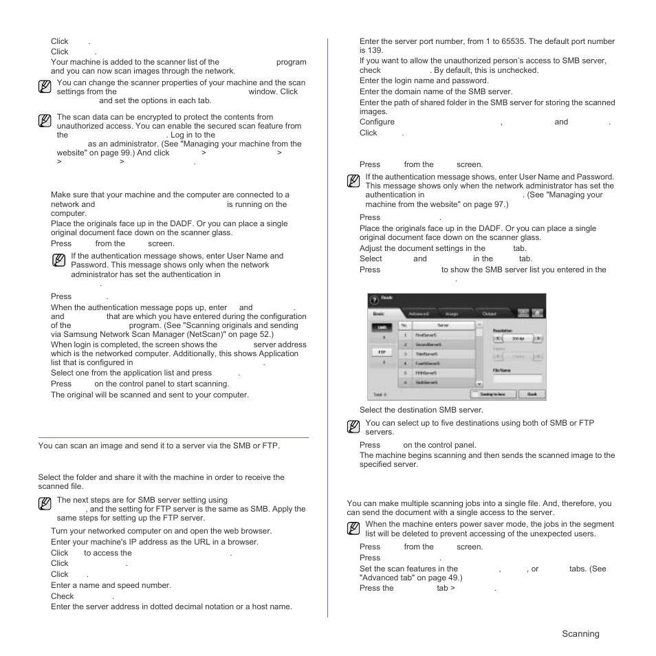 Scanning and sending via netscan, Preparation for scanning to smb/ftp, Scanning and sending to smb/ftp server | Scanning originals and sending via smb/ftp (s, Er. (see, See "scanning originals and | Samsung SCX-6555N Series User Manual | Page 53 / 186