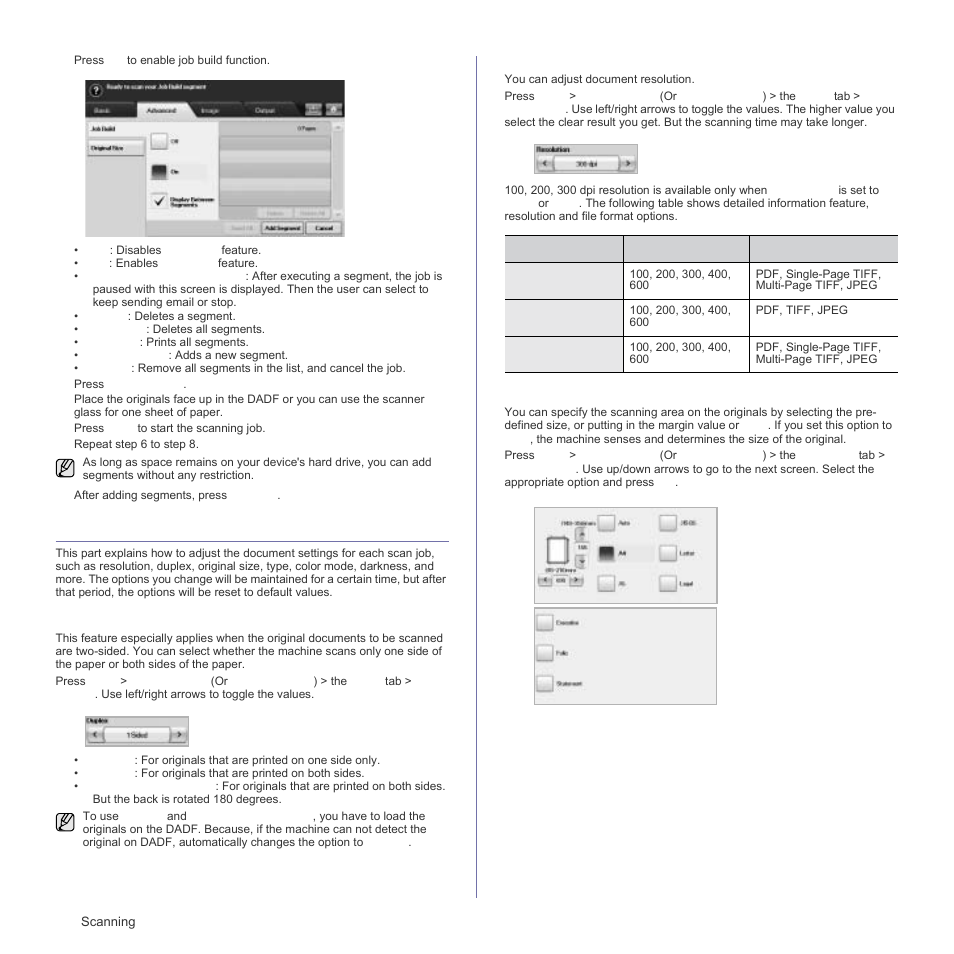 Changing the scan feature settings, Duplex, Resolution | Original size, Dupl | Samsung SCX-6555N Series User Manual | Page 54 / 186