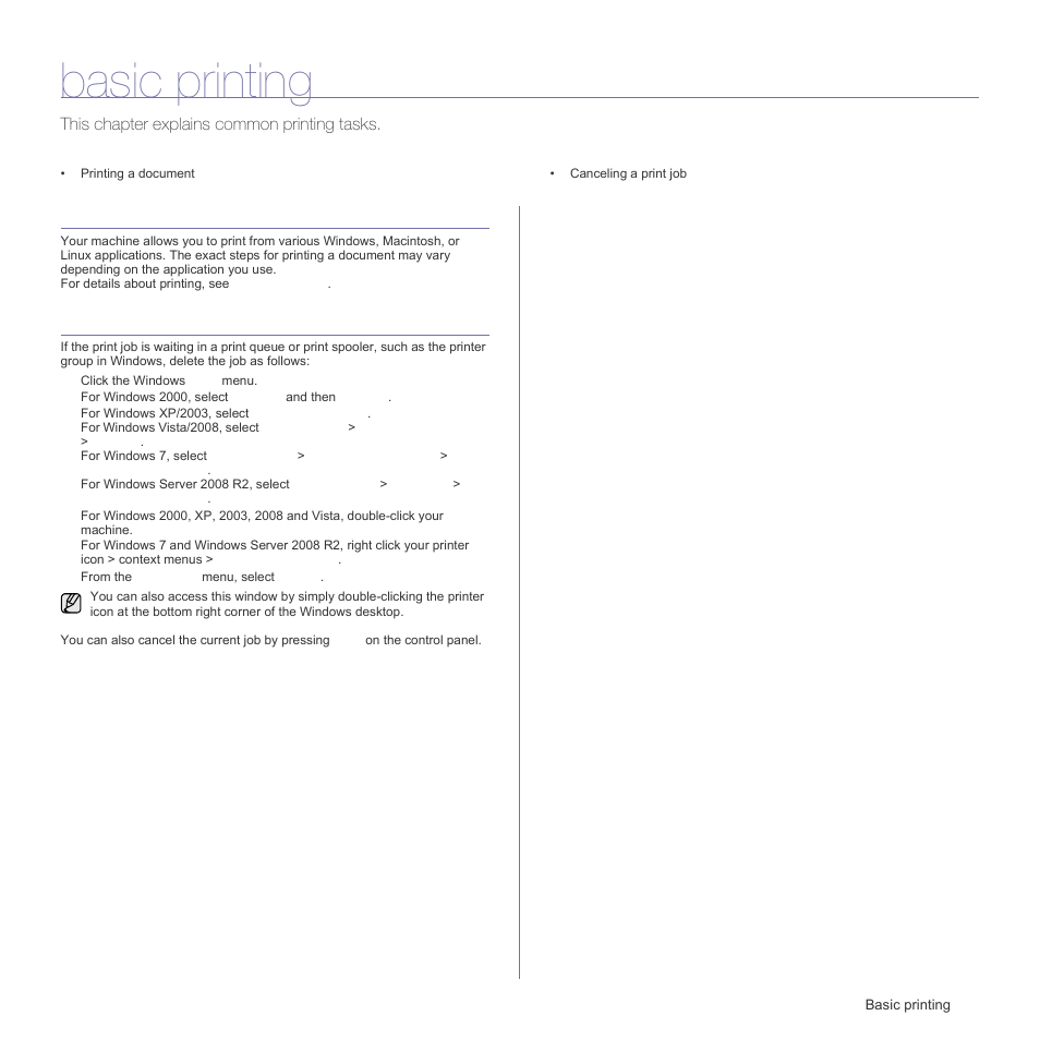 Basic printing, Printing a document, Canceling a print job | Samsung SCX-6555N Series User Manual | Page 57 / 186