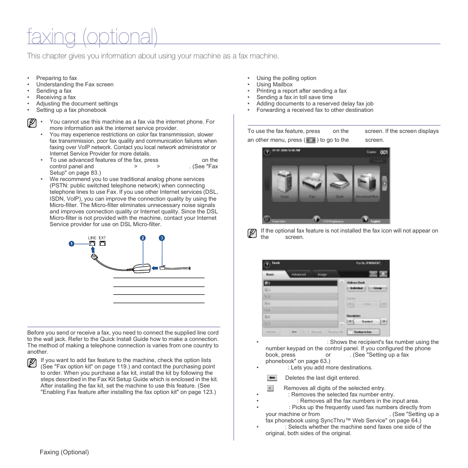 Faxing (optional), Preparing to fax, Understanding the fax screen | Basic tab | Samsung SCX-6555N Series User Manual | Page 58 / 186