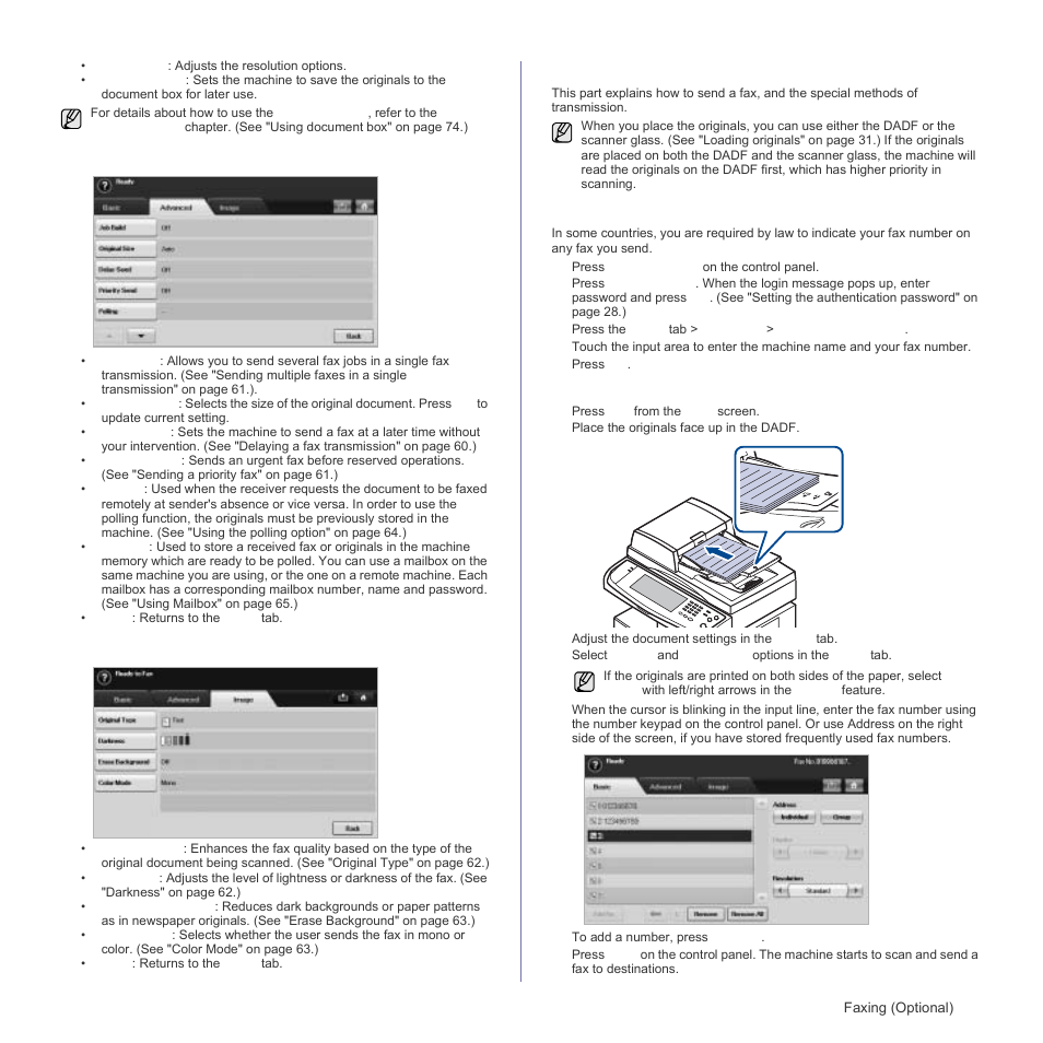 Advanced tab, Image tab, Sending a fax | Setting the fax header | Samsung SCX-6555N Series User Manual | Page 59 / 186