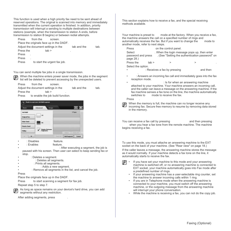 Sending a priority fax, Sending multiple faxes in a single transmission, Receiving a fax | Changing the receive modes, Receiving manually in telephone mode | Samsung SCX-6555N Series User Manual | Page 61 / 186