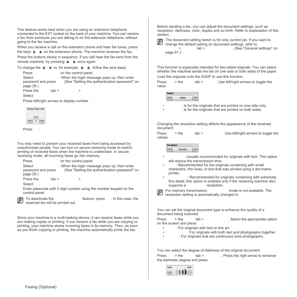 Receiving in secure receiving mode, Receiving faxes in memory, Adjusting the document settings | Duplex, Resolution, Original type, Darkness, Dupl | Samsung SCX-6555N Series User Manual | Page 62 / 186