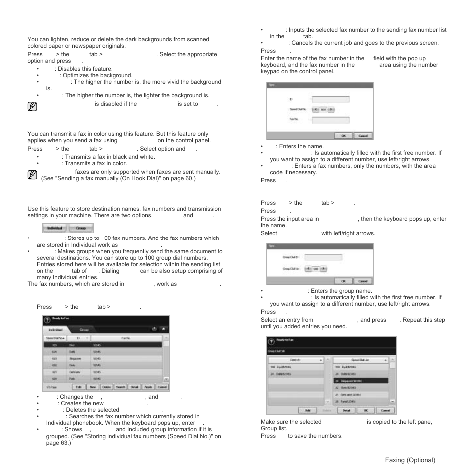 Erase background, Color mode, Setting up a fax phonebook | Storing individual fax numbers (speed dial no.), Storing group fax numbers (group no.), Colo, Storing individual fax numbers, Storing group fax numbers | Samsung SCX-6555N Series User Manual | Page 63 / 186