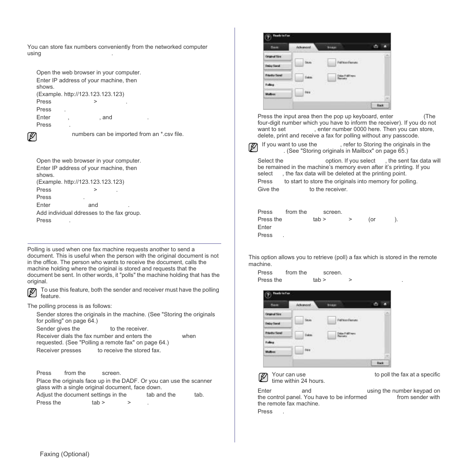 Using the polling option, Storing the originals for polling, Printing (deleting) the polling document | Polling a remote fax, Setting up a fax phonebook using, See "setting up a | Samsung SCX-6555N Series User Manual | Page 64 / 186