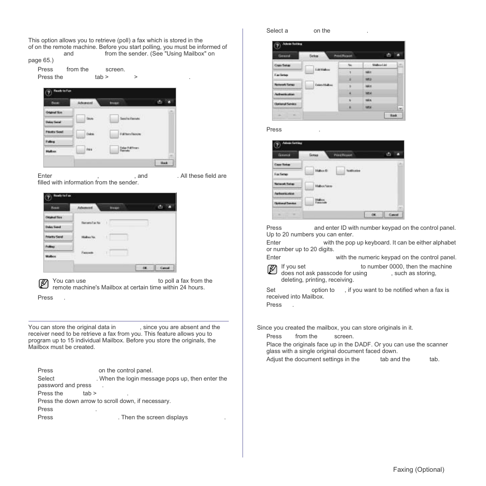 Polling from a remote mailbox, Using mailbox, Creating mailbox | Storing originals in mailbox, Polling from a remote m, Using, Creating, Storing originals in | Samsung SCX-6555N Series User Manual | Page 65 / 186