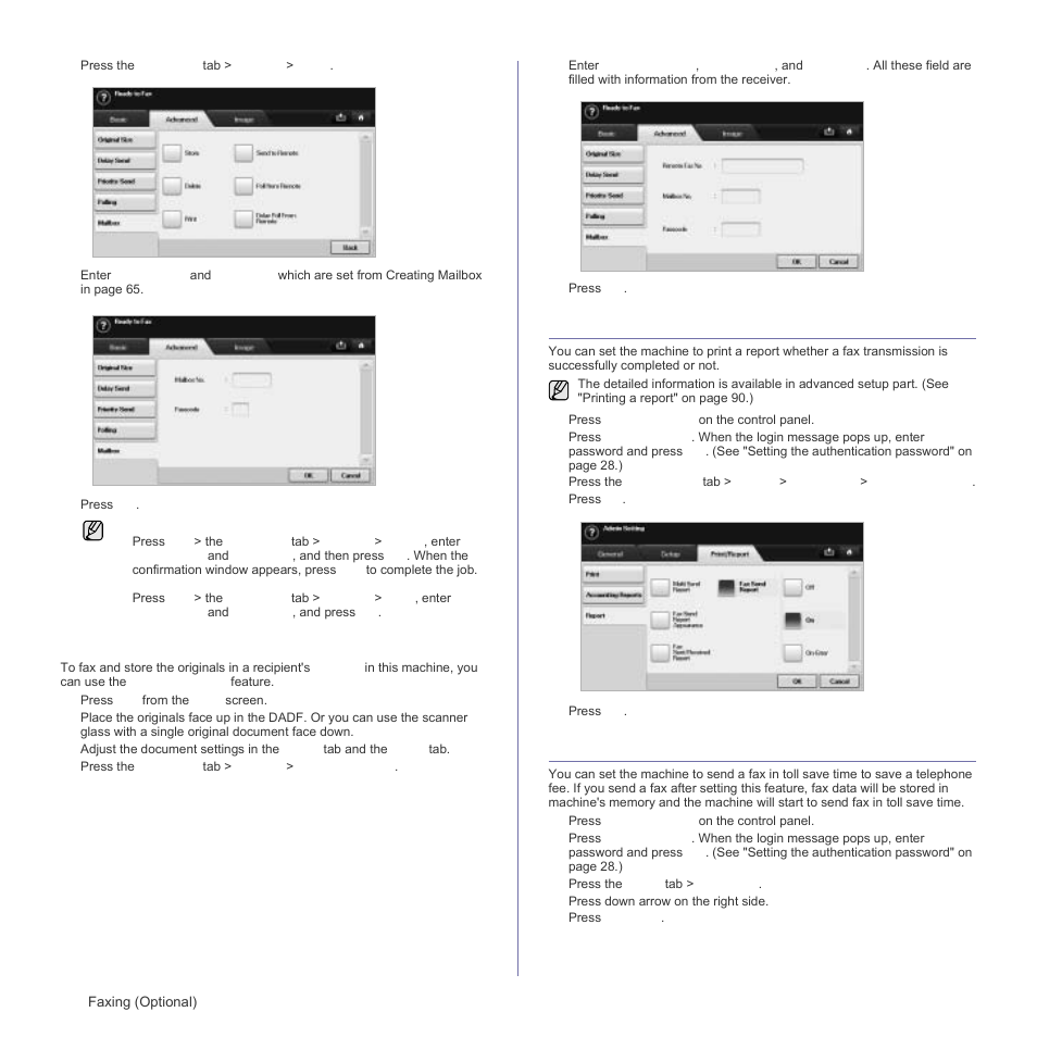 Faxing to a remote mailbox, Printing a report after sending a fax, Sending a fax in toll save time | Faxing to a remote | Samsung SCX-6555N Series User Manual | Page 66 / 186
