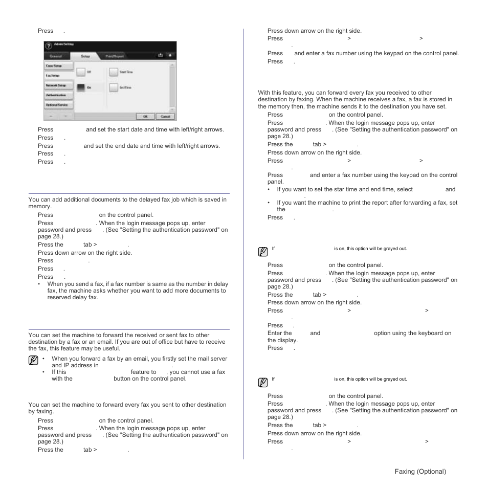 Adding documents to a reserved delay fax job, Forwarding a received fax to other destination | Samsung SCX-6555N Series User Manual | Page 67 / 186