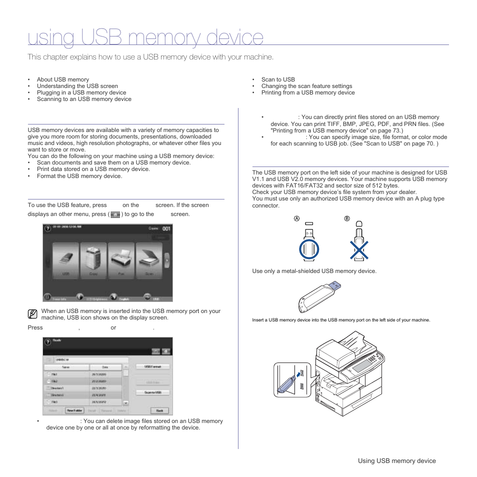 Using usb memory device, About usb memory, Understanding the usb screen | Plugging in a usb memory device | Samsung SCX-6555N Series User Manual | Page 69 / 186