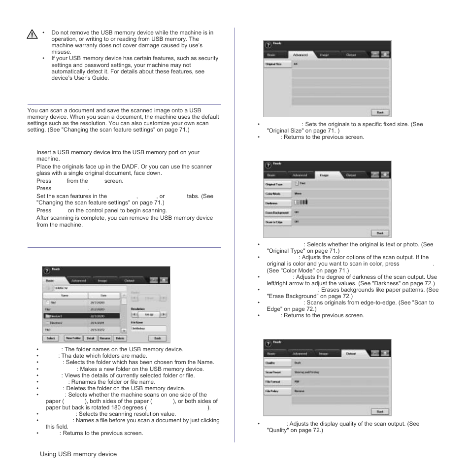 Scanning to an usb memory device, Scanning, Scan to usb | Basic tab, Advanced tab, Image tab, Output tab, Scan | Samsung SCX-6555N Series User Manual | Page 70 / 186
