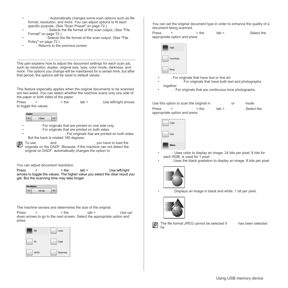 Changing the scan feature settings, Duplex, Resolution | Original size, Original type, Color mode, Dupl, Colo | Samsung SCX-6555N Series User Manual | Page 71 / 186