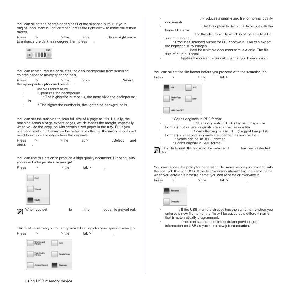 Darkness, Erase background, Scan to edge | Quality, Scan preset, File format, File policy, Eras, See "scan to, T. (see "file | Samsung SCX-6555N Series User Manual | Page 72 / 186