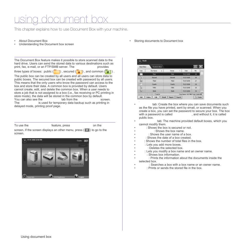 Using document box, About document box, Understanding the document box screen | Document box screen | Samsung SCX-6555N Series User Manual | Page 74 / 186