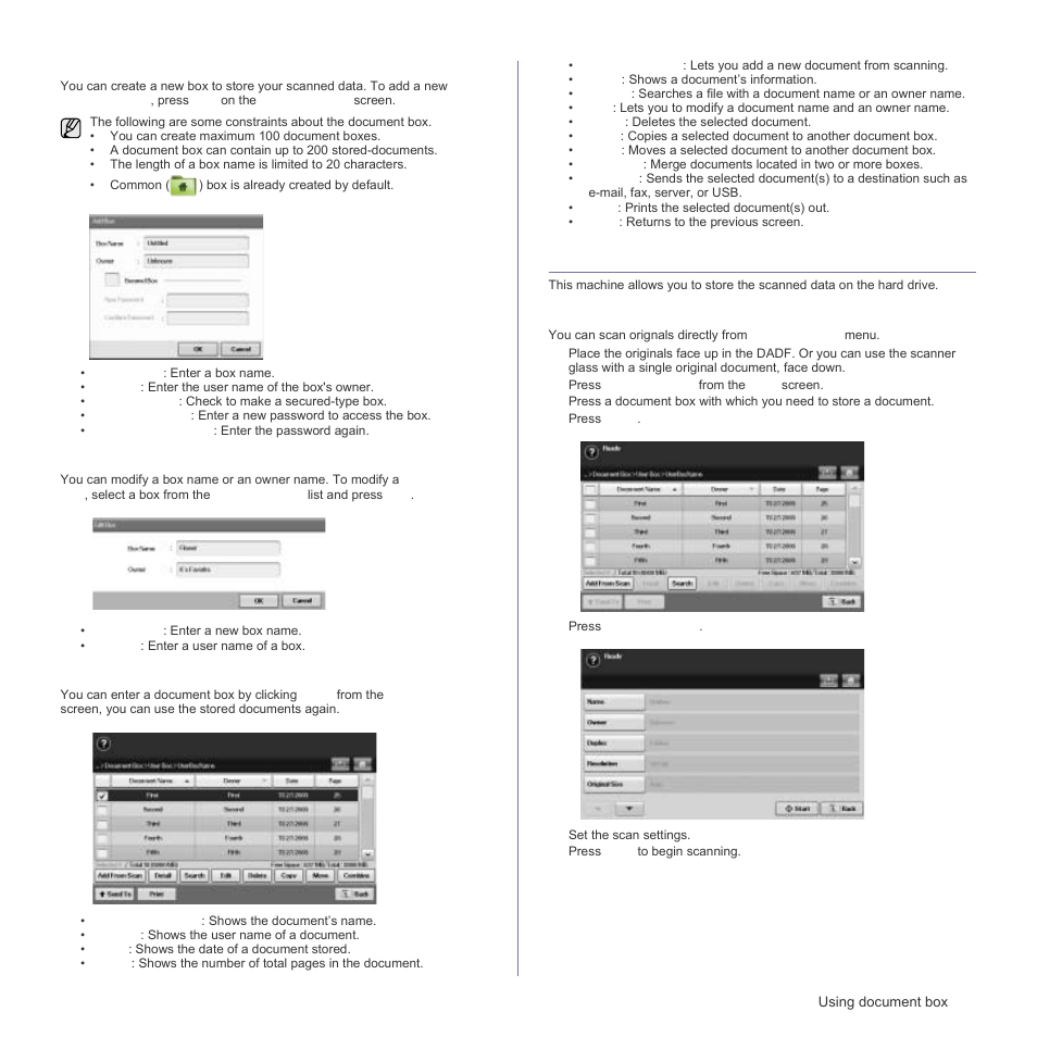 Box adding screen, Edit a box screen, Document list screen | Storing documents to document box, Storing documents from document box | Samsung SCX-6555N Series User Manual | Page 75 / 186