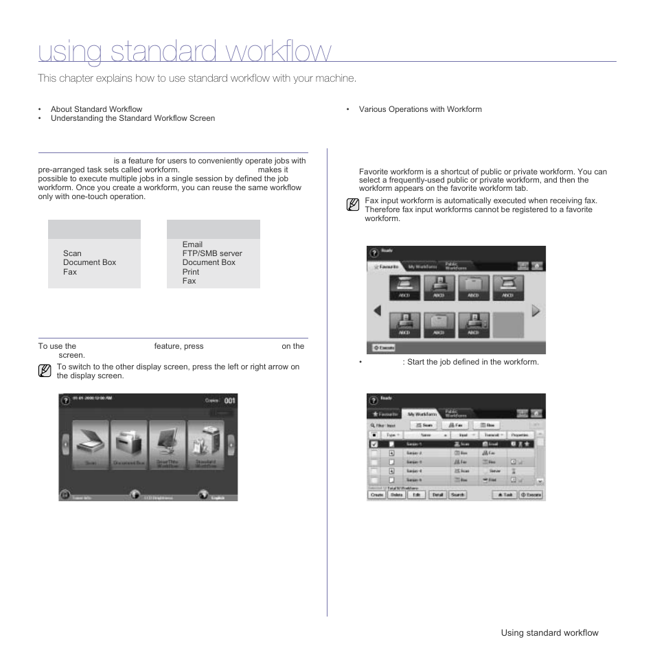Using standard workflow, About standard workflow, Understanding the standard workflow screen | Workflow screen, About st, Understanding the sta | Samsung SCX-6555N Series User Manual | Page 77 / 186