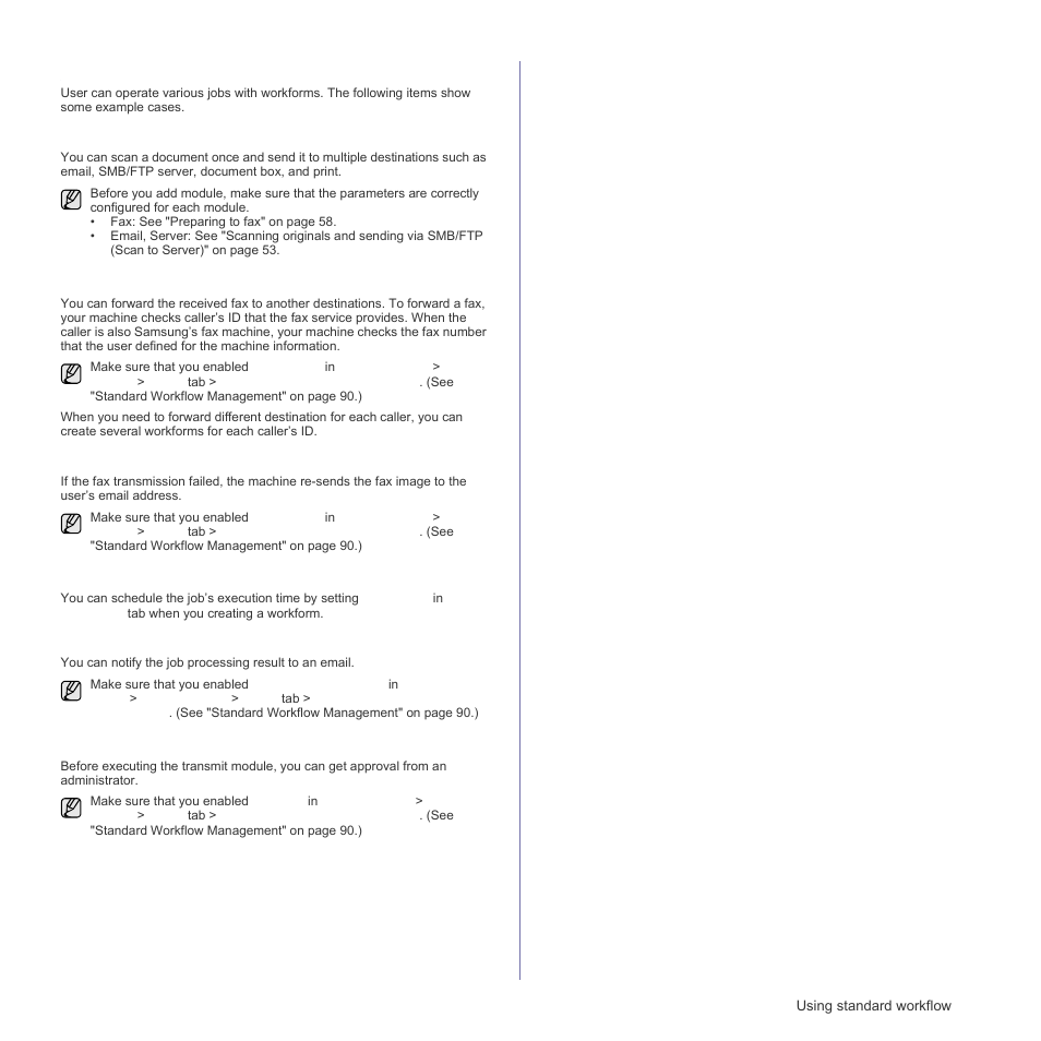 Various operations with workform, Scan to multi-destination, Fax forwarding | Auto redirection, Delayed start feature, Notification feature, Approval feature | Samsung SCX-6555N Series User Manual | Page 79 / 186