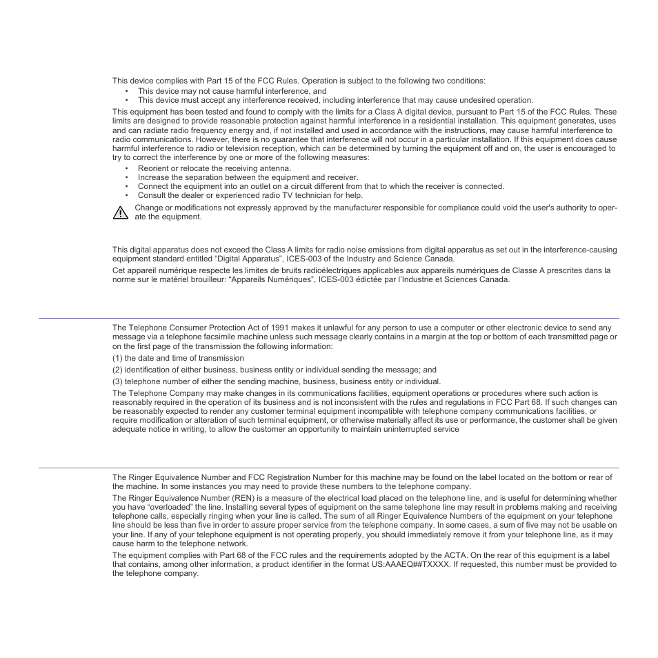 Radio frequency emissions, Fax branding, Ringer equivalence number | Samsung SCX-6555N Series User Manual | Page 8 / 186
