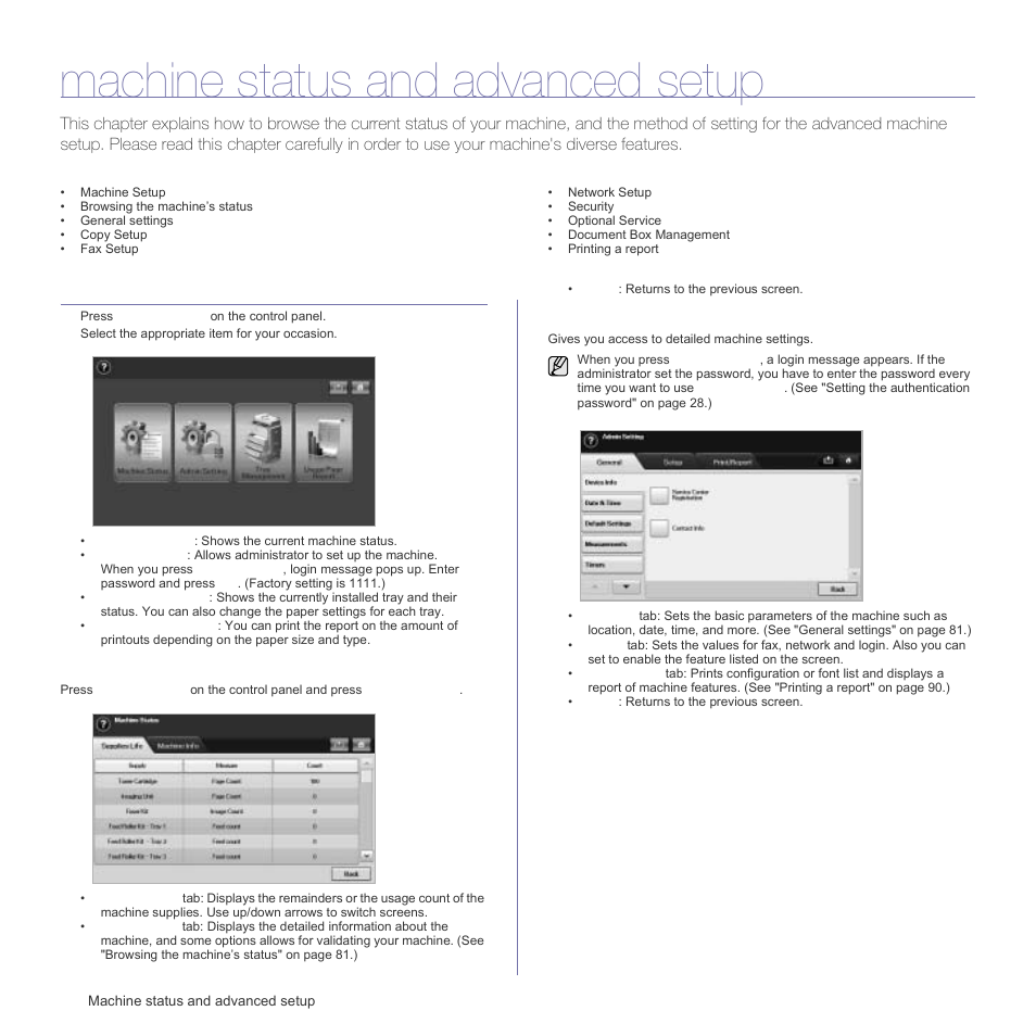 Machine status and advanced setup, Machine setup, Machine status screen | Admin setting screen | Samsung SCX-6555N Series User Manual | Page 80 / 186