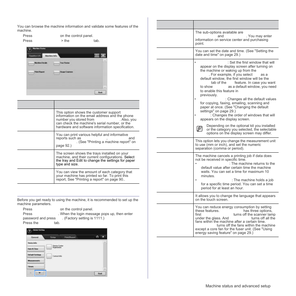 Browsing the machine’s status, General settings, See "general settings" on | Samsung SCX-6555N Series User Manual | Page 81 / 186
