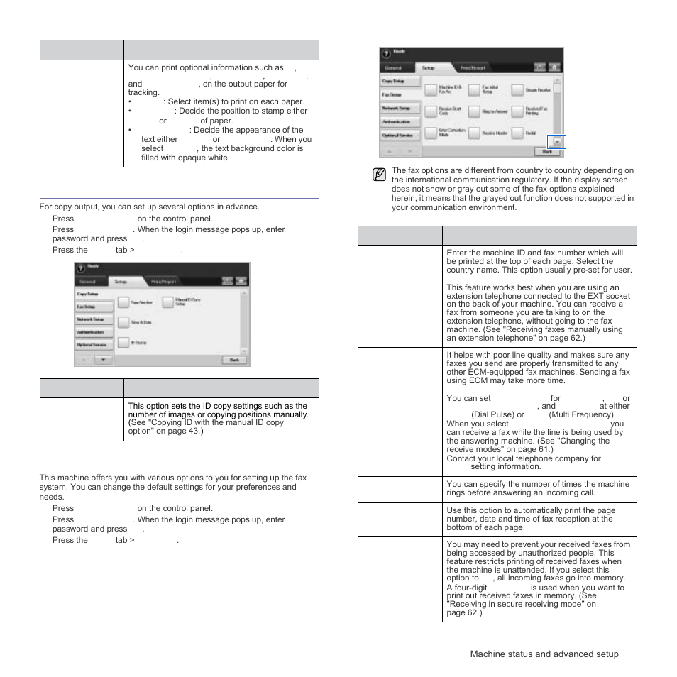 Copy setup, Fax setup, See "fax | Samsung SCX-6555N Series User Manual | Page 83 / 186