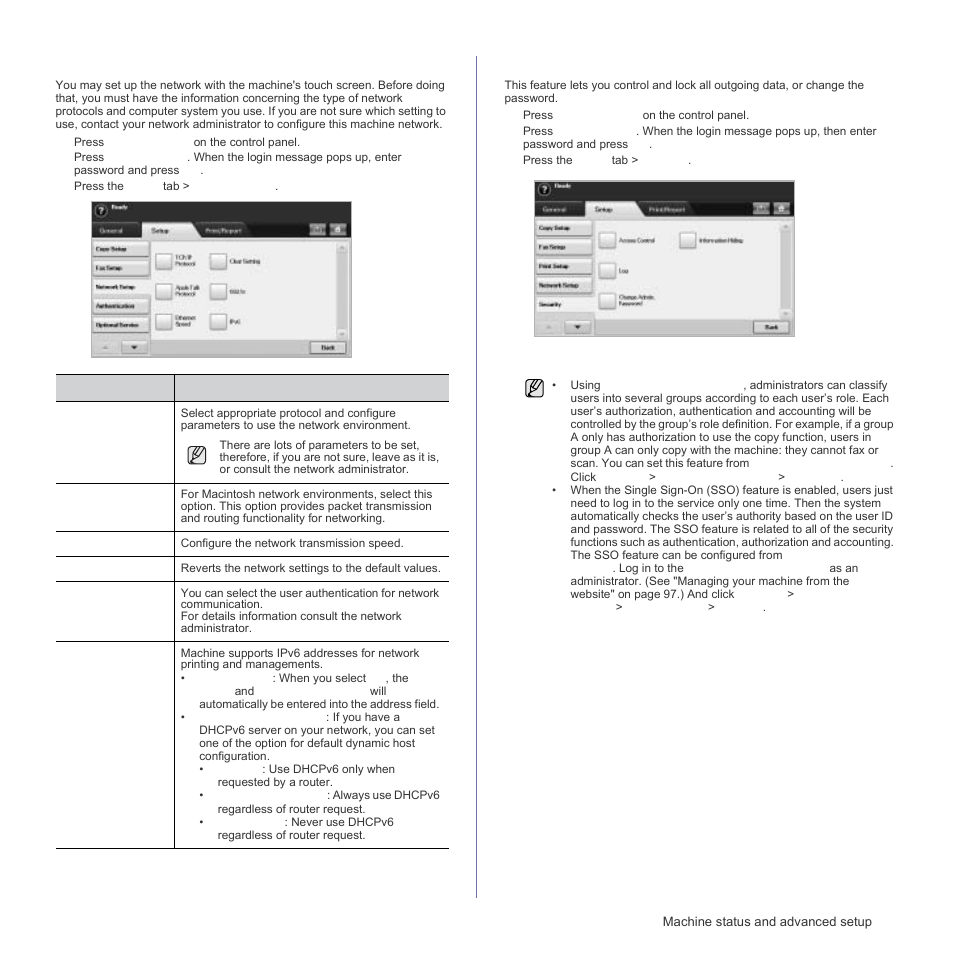 Network setup, Security, Access control | Secu | Samsung SCX-6555N Series User Manual | Page 85 / 186
