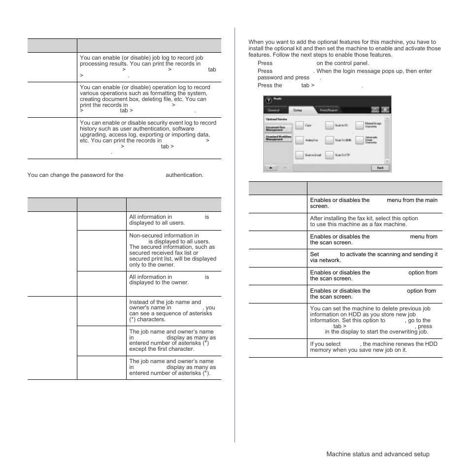 Change admin. password, Information hiding, Optional service | Log change admin. password | Samsung SCX-6555N Series User Manual | Page 89 / 186