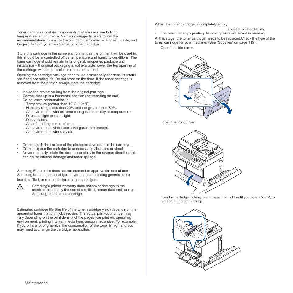 Maintaining the toner cartridge, Toner cartridge storage, Handling instructions | Use of non-samsung and refilled toner cartridge, Estimated cartridge life, Replacing the toner cartridge | Samsung SCX-6555N Series User Manual | Page 94 / 186