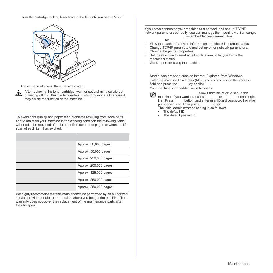 Maintenance parts, Managing your machine from the website, To access syncthru™ web service | See "managing your machine from the website" on, R. (see | Samsung SCX-6555N Series User Manual | Page 97 / 186