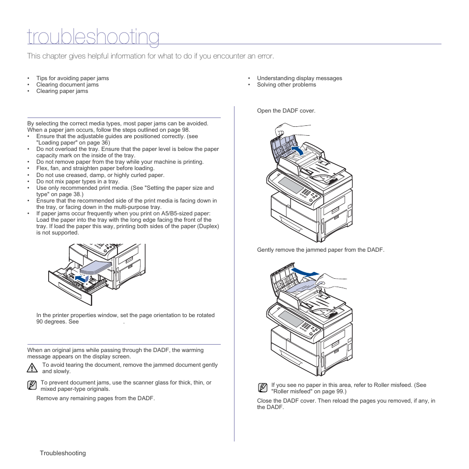 Troubleshooting, Tips for avoiding paper jams, Clearing document jams | Troubleshooting part. see | Samsung SCX-6555N Series User Manual | Page 98 / 186