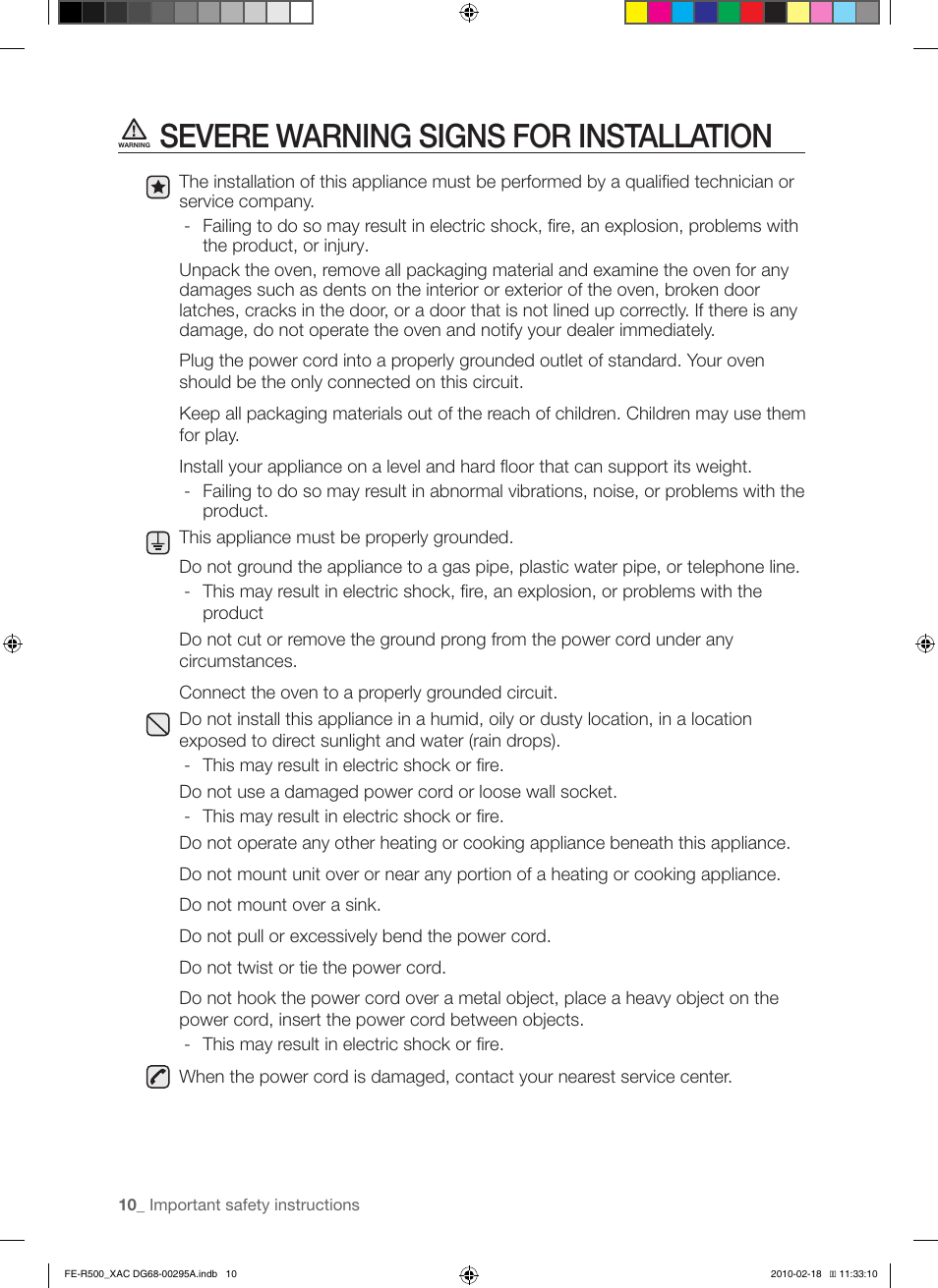 Severe warning signs for installation | Samsung DG68-00295A User Manual | Page 10 / 62