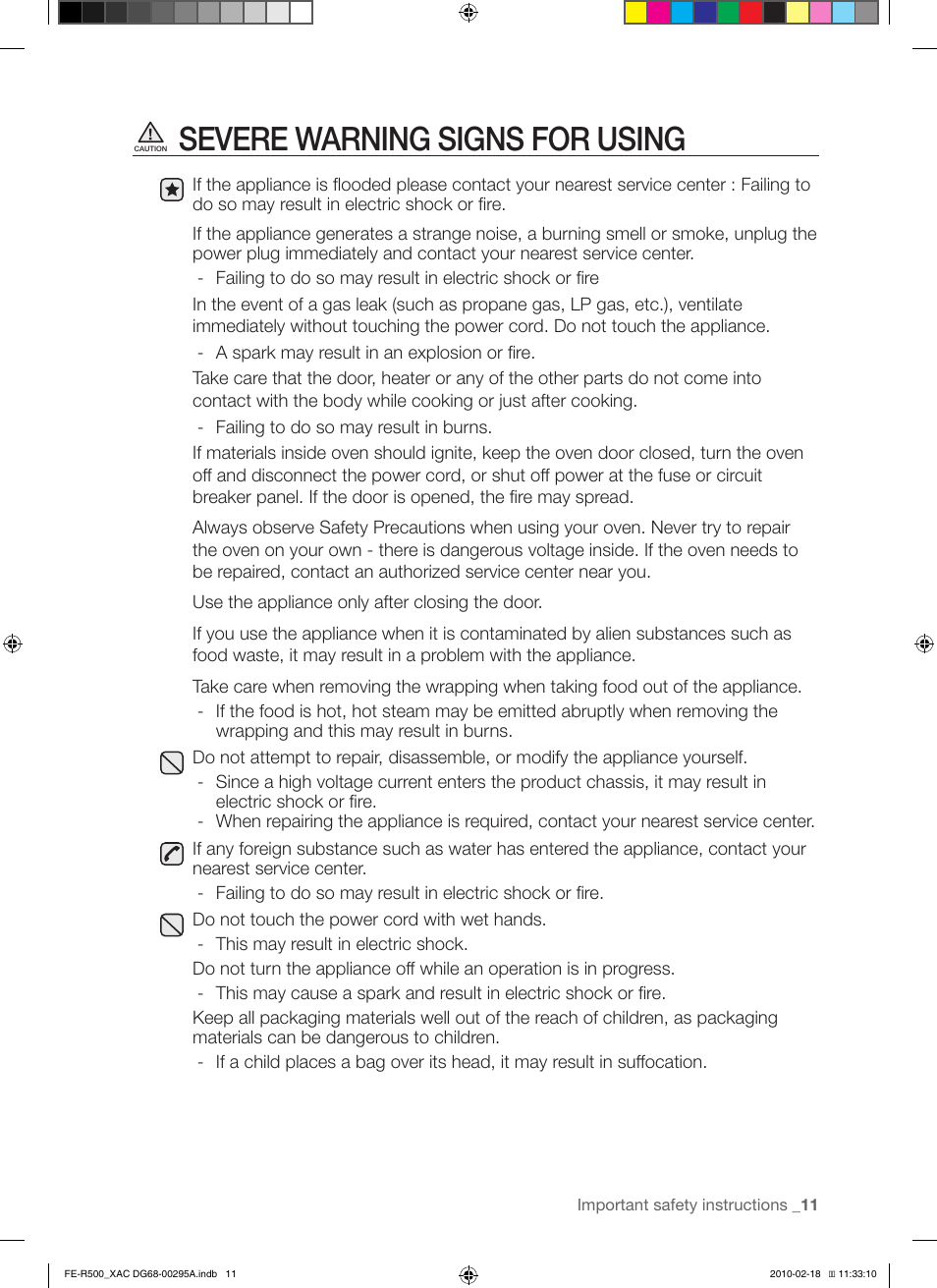 Severe warning signs for using | Samsung DG68-00295A User Manual | Page 11 / 62