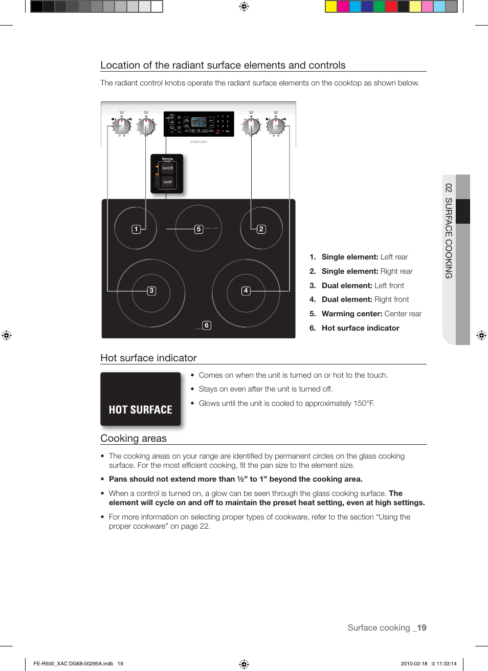 Hot surface indicator, Cooking areas | Samsung DG68-00295A User Manual | Page 19 / 62