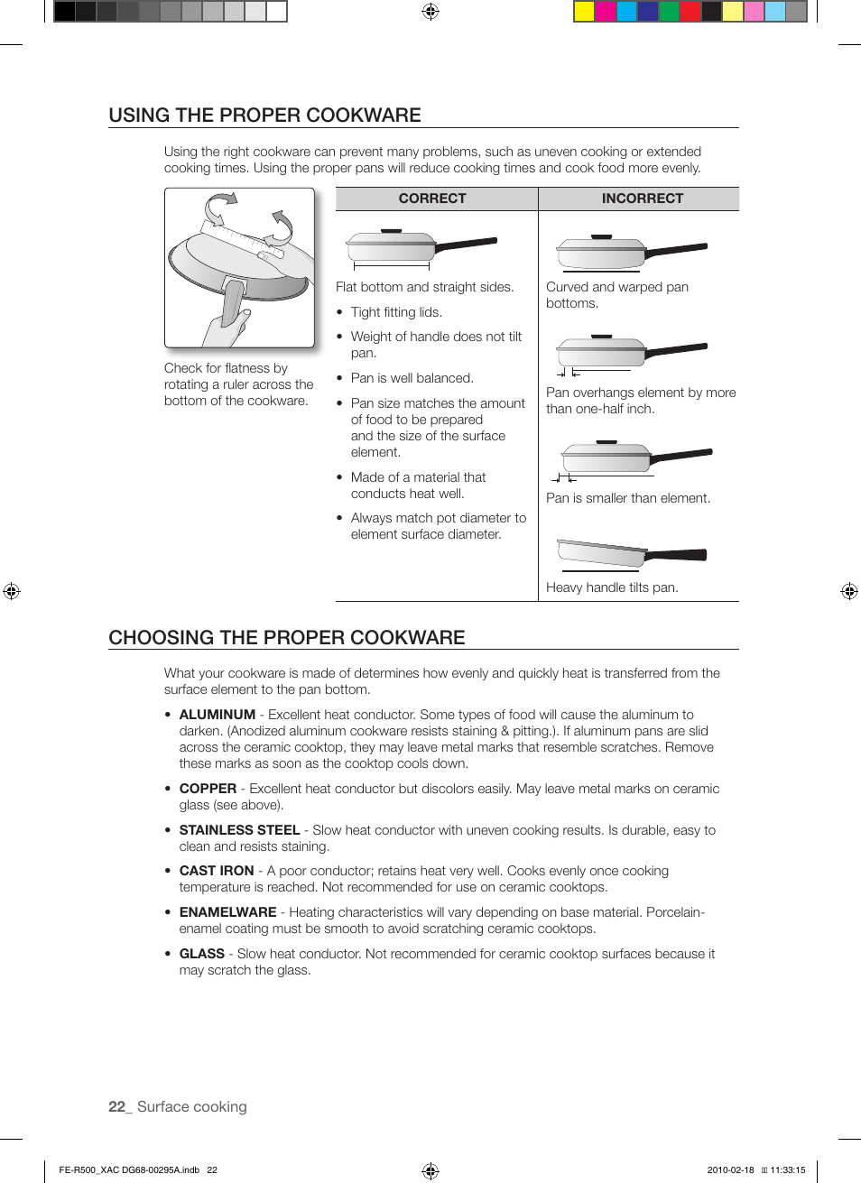 Using the proper cookware, Choosing the proper cookware | Samsung DG68-00295A User Manual | Page 22 / 62