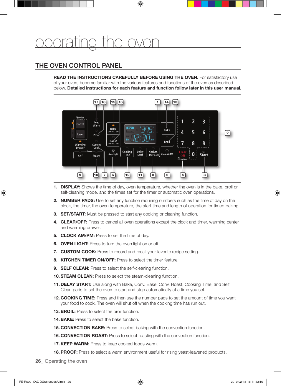 Operating the oven, The oven control panel | Samsung DG68-00295A User Manual | Page 26 / 62