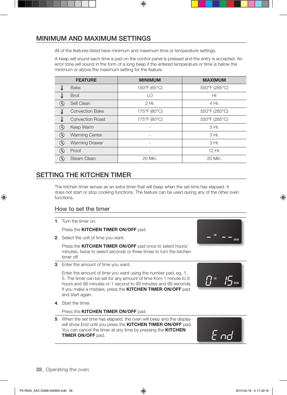 Minimum and maximum settings, Setting the kitchen timer, How to set the timer | Samsung DG68-00295A User Manual | Page 28 / 62