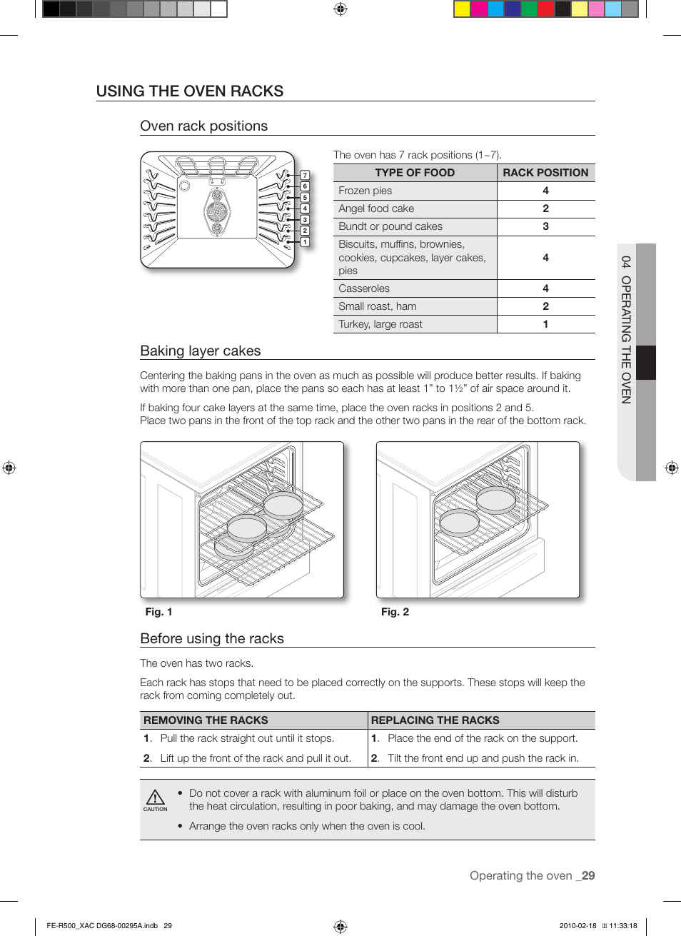 Using the oven racks, Oven rack positions, Baking layer cakes | Before using the racks | Samsung DG68-00295A User Manual | Page 29 / 62