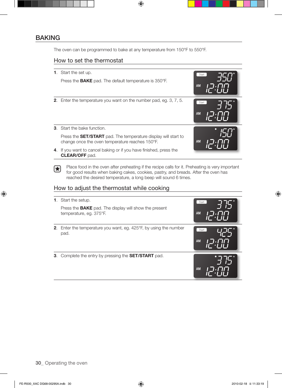 Baking, How to set the thermostat, How to adjust the thermostat while cooking | Samsung DG68-00295A User Manual | Page 30 / 62