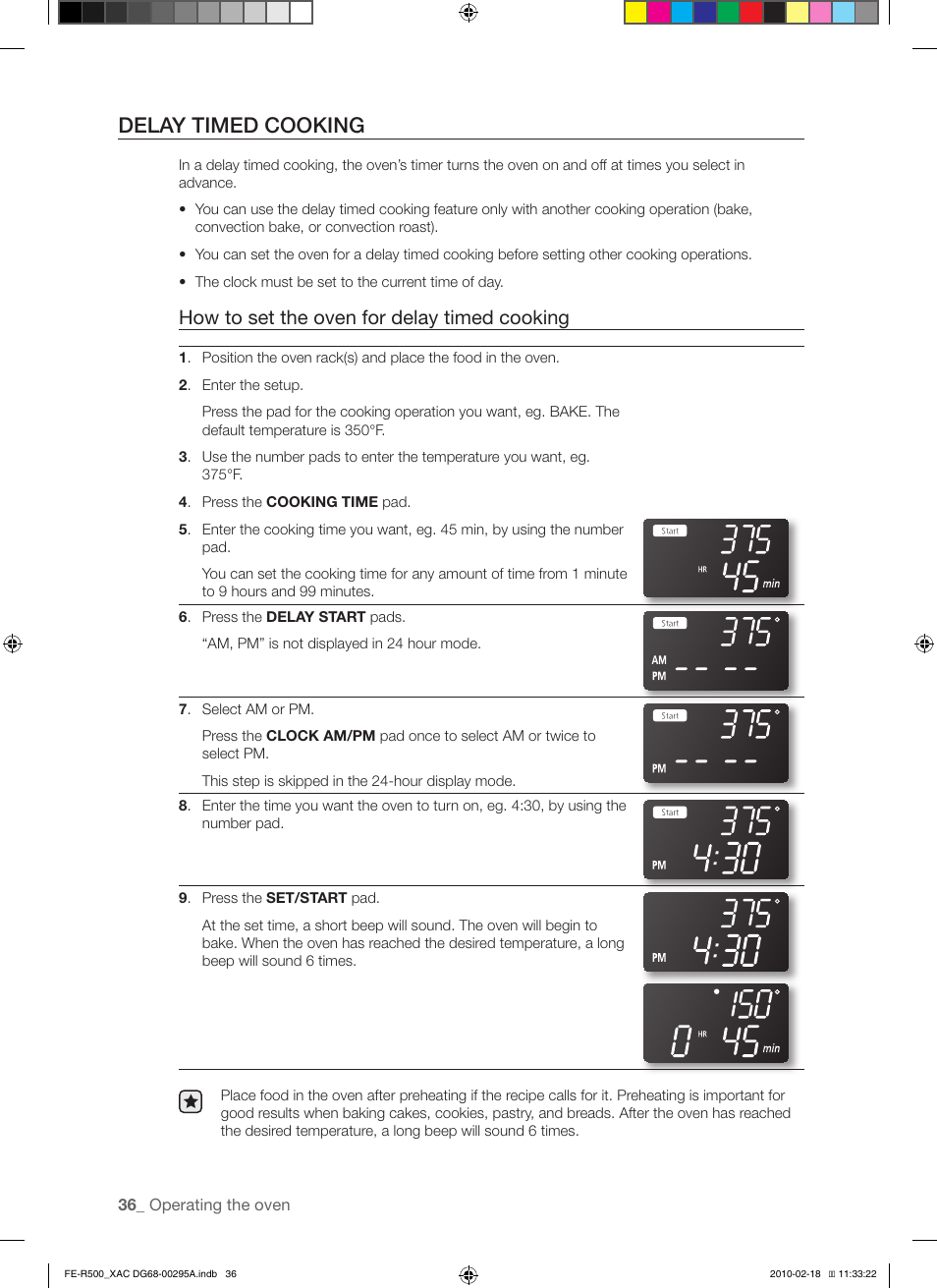 Delay timed cooking, How to set the oven for delay timed cooking | Samsung DG68-00295A User Manual | Page 36 / 62