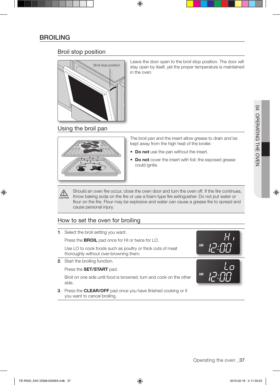 Broiling, Broil stop position, Using the broil pan | How to set the oven for broiling | Samsung DG68-00295A User Manual | Page 37 / 62