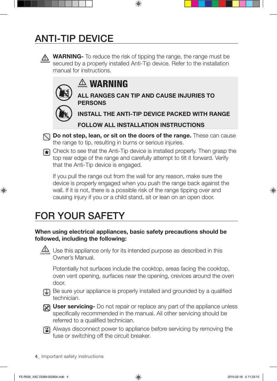 Anti-tip device, Warning, For your safety | Samsung DG68-00295A User Manual | Page 4 / 62