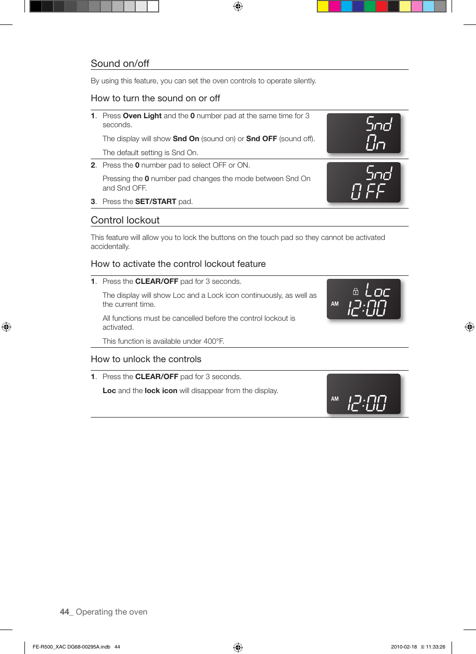 Sound on/off, Control lockout | Samsung DG68-00295A User Manual | Page 44 / 62