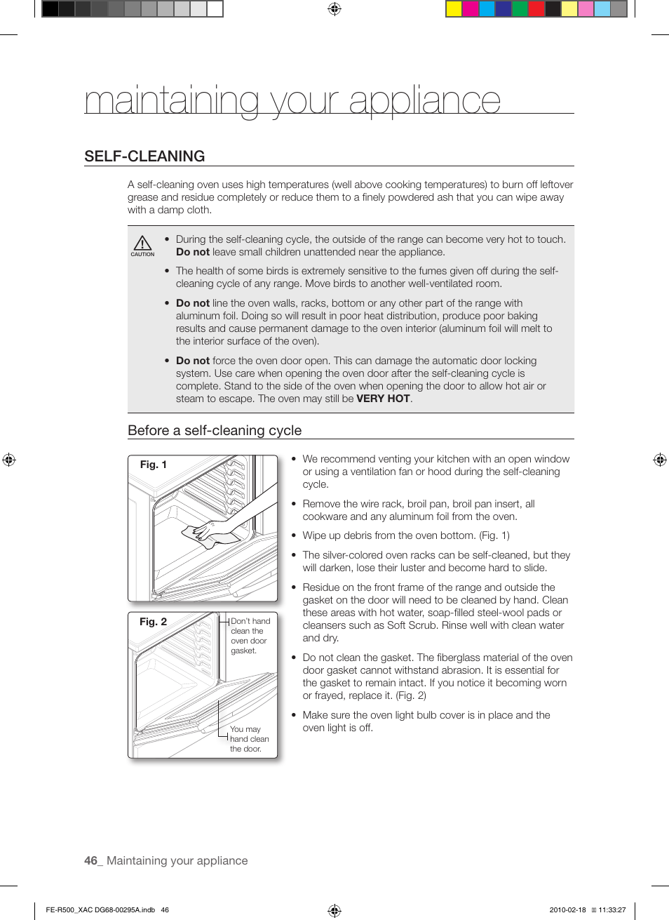 Maintaining your appliance, Self-cleaning, Before a self-cleaning cycle | Samsung DG68-00295A User Manual | Page 46 / 62