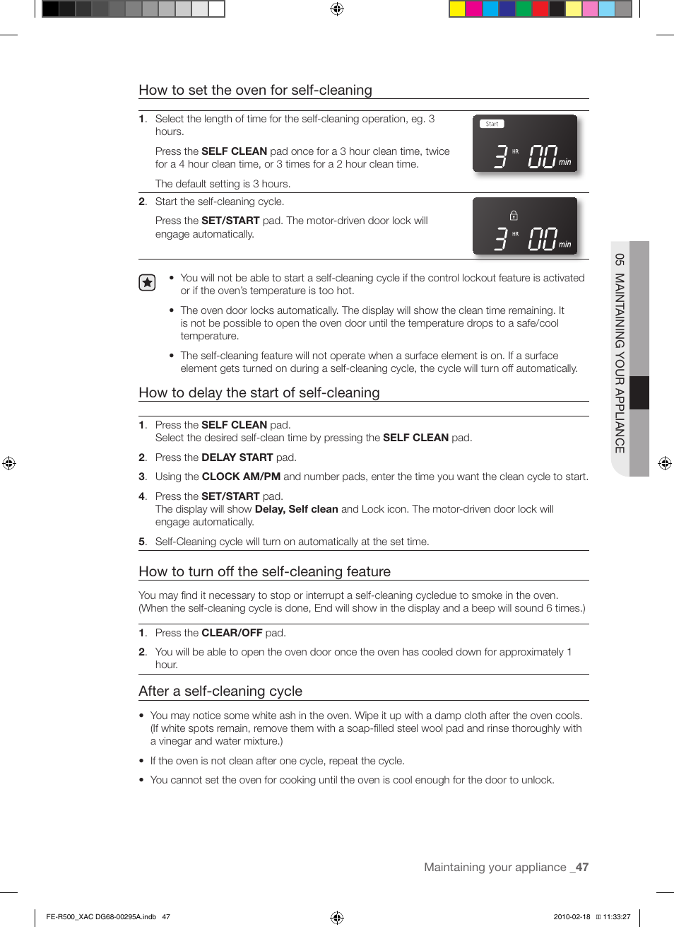 How to set the oven for self-cleaning, How to delay the start of self-cleaning, How to turn off the self-cleaning feature | After a self-cleaning cycle | Samsung DG68-00295A User Manual | Page 47 / 62
