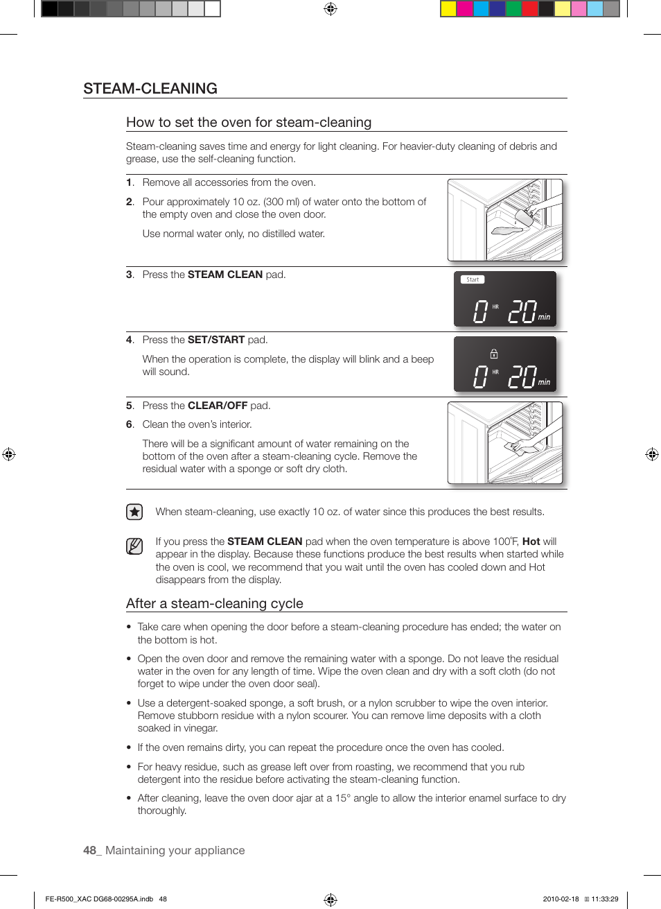 Steam-cleaning, How to set the oven for steam-cleaning, After a steam-cleaning cycle | Samsung DG68-00295A User Manual | Page 48 / 62