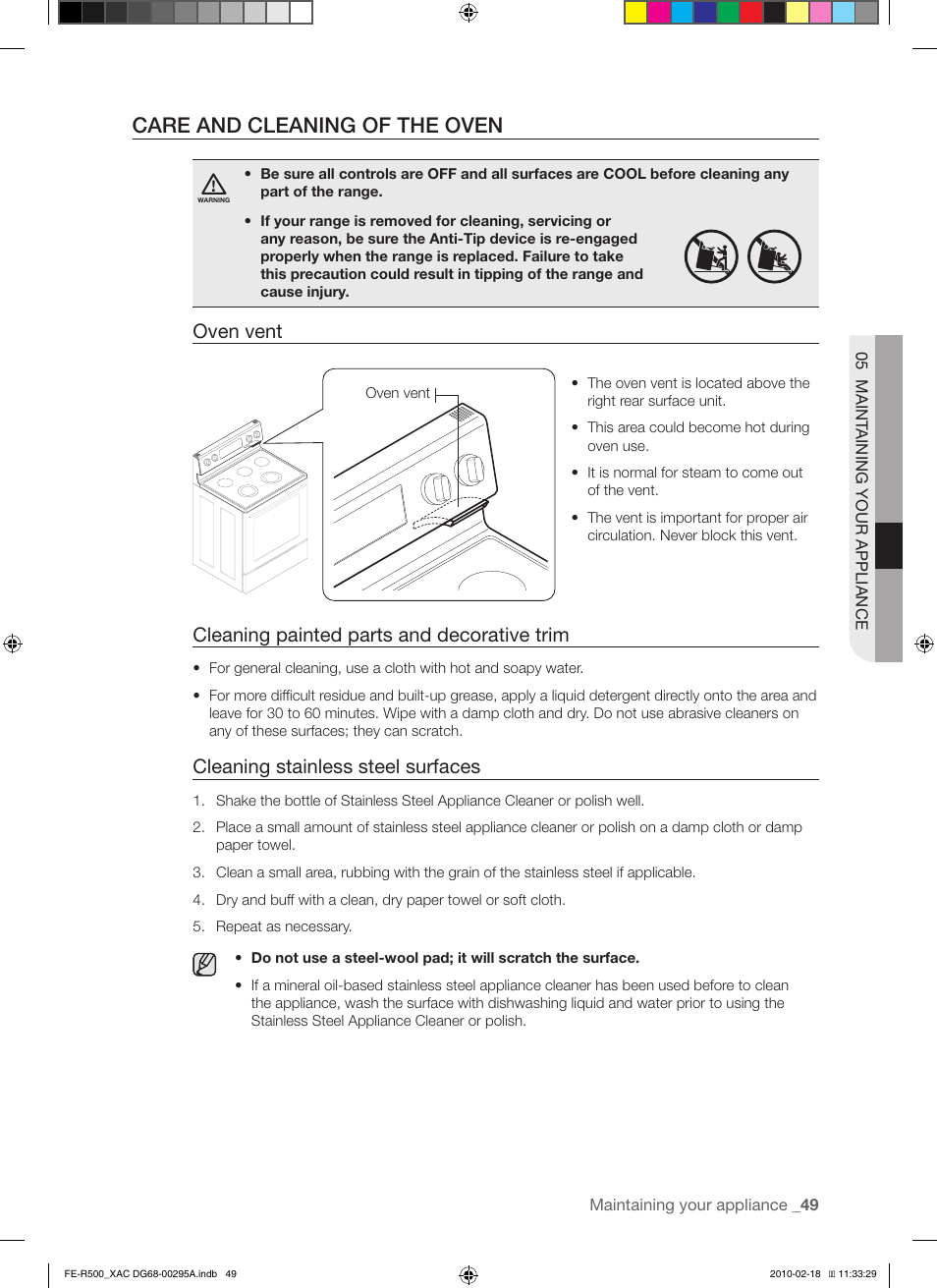 Care and cleaning of the oven, Oven vent, Cleaning painted parts and decorative trim | Cleaning stainless steel surfaces | Samsung DG68-00295A User Manual | Page 49 / 62