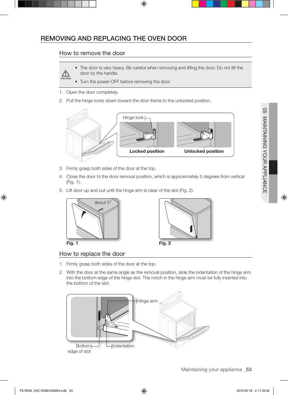 Removing and replacing the oven door, How to remove the door, How to replace the door | Samsung DG68-00295A User Manual | Page 53 / 62