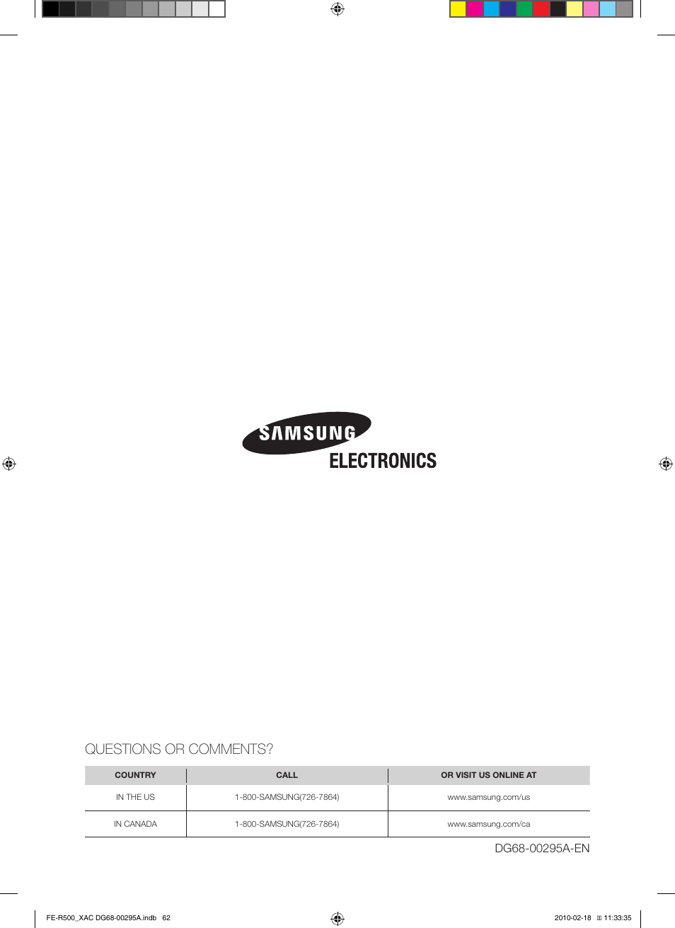Questions or comments | Samsung DG68-00295A User Manual | Page 62 / 62